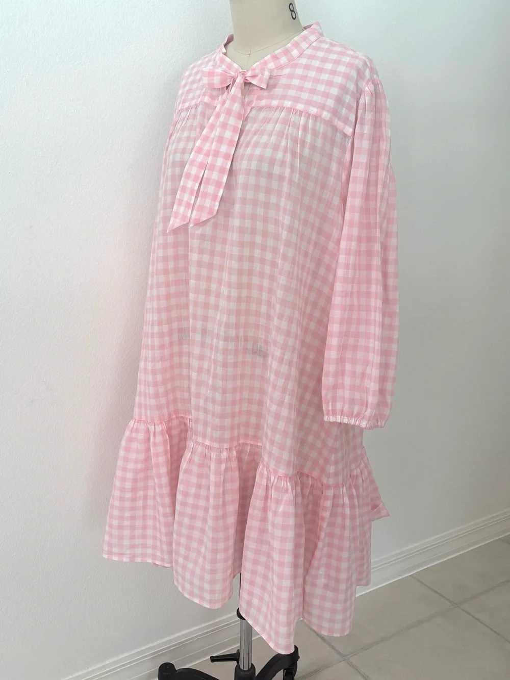 J.Crew Gingham Tie-Neck Ruffle Tiered Mini Dress NWT Pink & White XXL